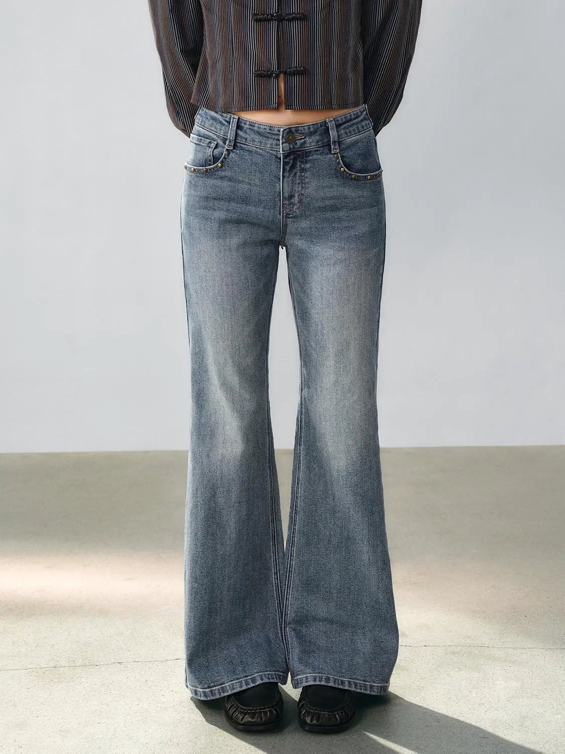 Faded Vintage Washed Mid-rise Flare Cotton Jeans