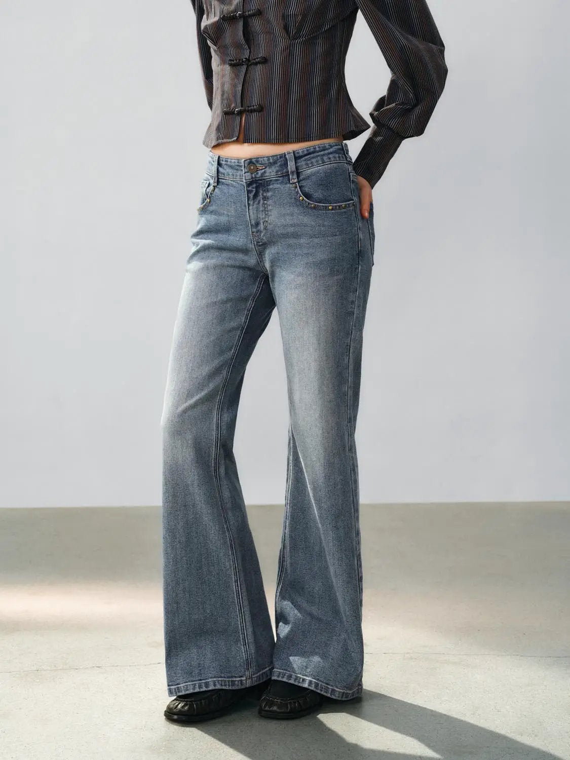 Faded Vintage Washed Mid-rise Flare Cotton Jeans