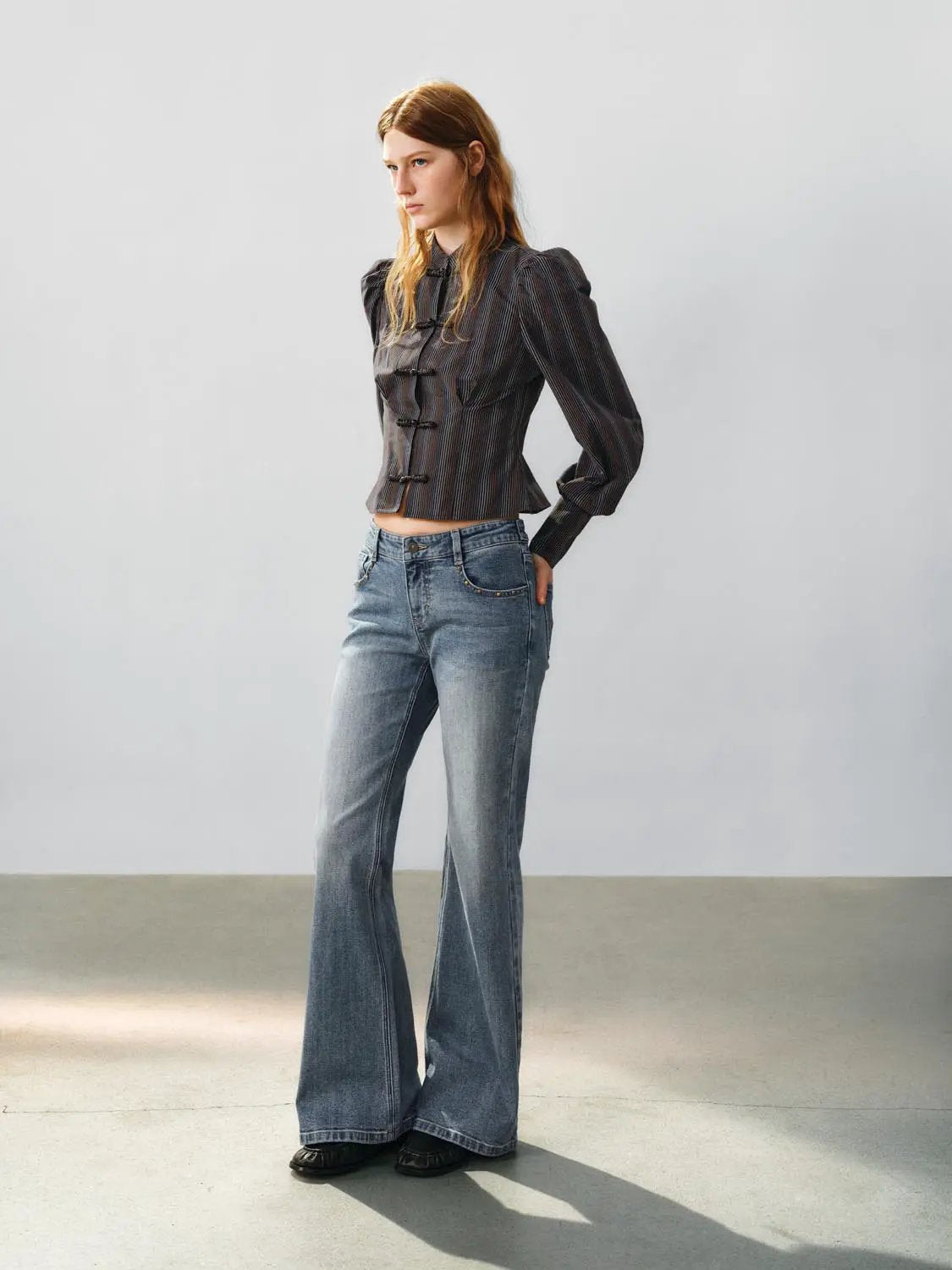 Faded Vintage Washed Mid-rise Flare Cotton Jeans