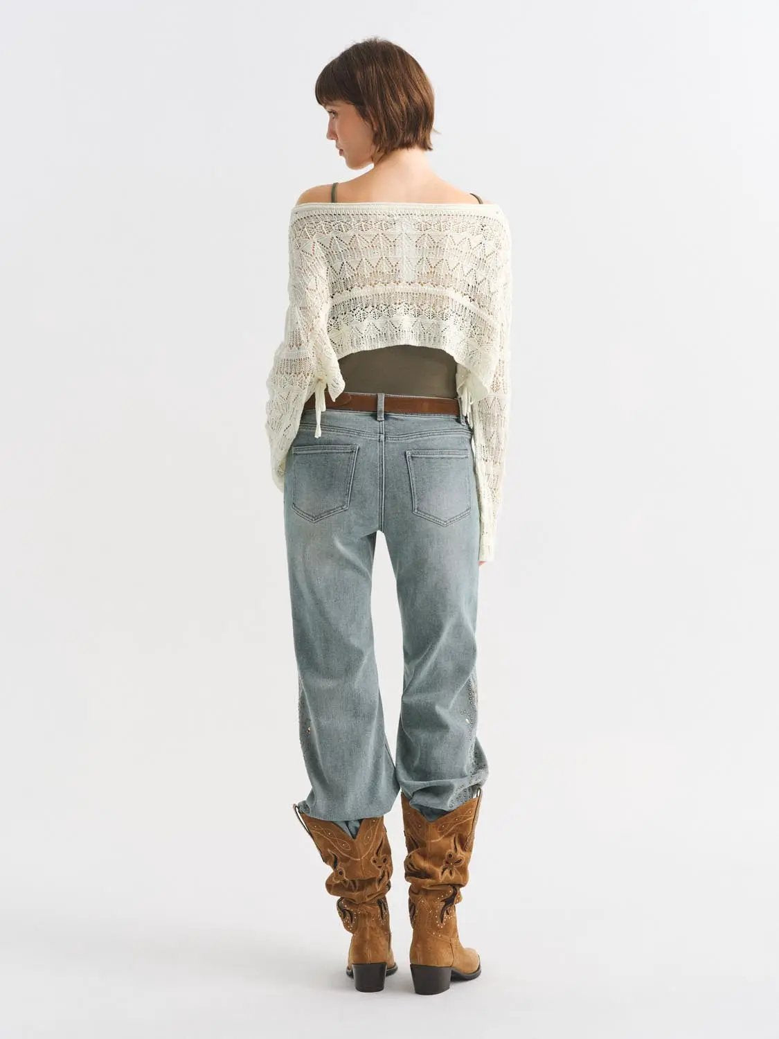 Light Wash Embroidered Wide-leg Mid-rise Cotton Blend Jeans