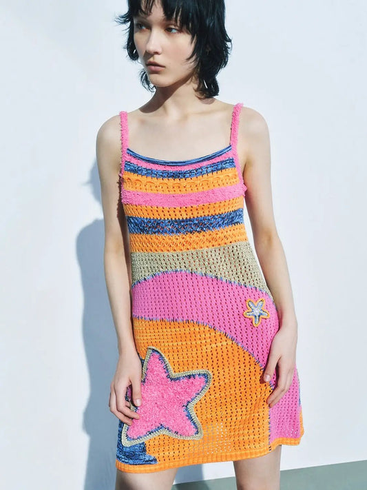 Cami Strap Crochet Stripe Knit Star Patch Mini Dress