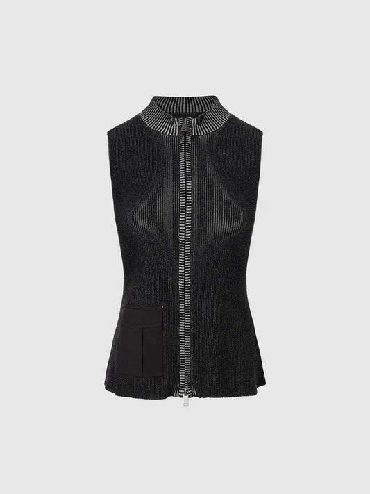 Zip Front Stand Collar Sleeveless Ribbed Knit Cardigan