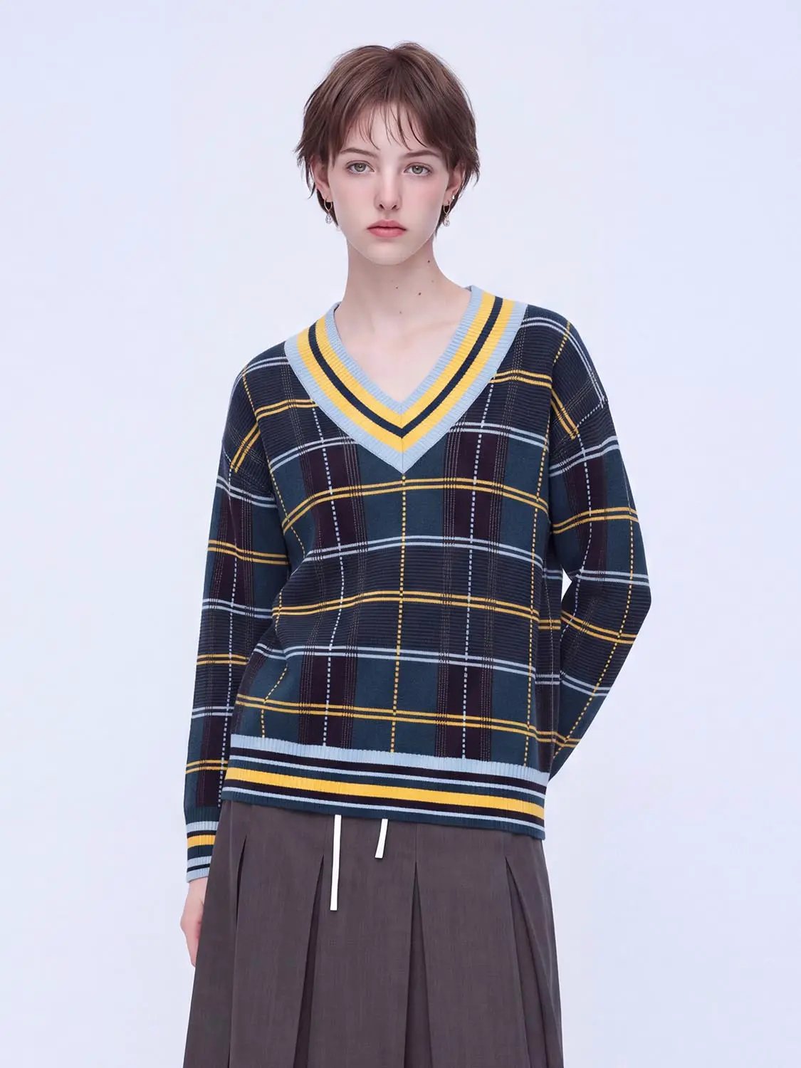 Check Long Sleeve Knitted T-Shirts