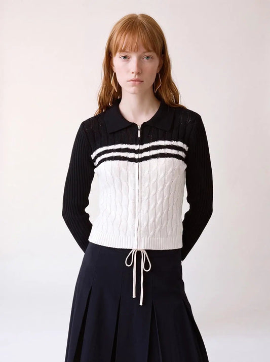 Striped Collared Knitted Cardigan
