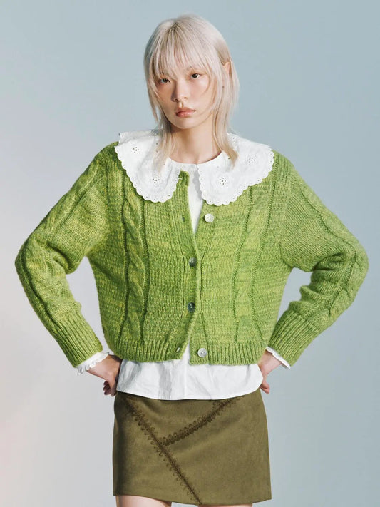Vintage Cable Knit Single Breasted Cropped Knit Cardigan