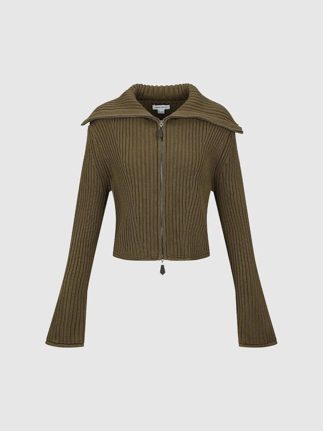 Ribbed Knit Zip Front Collared Long Sleeve Cropped Jacket