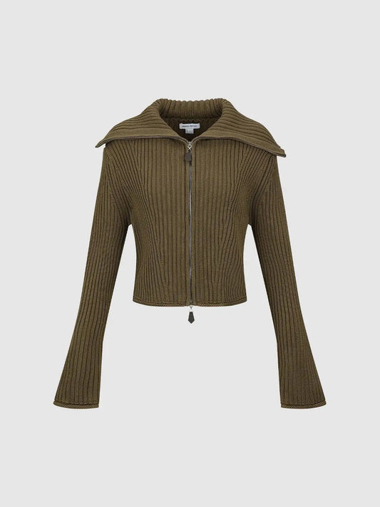 Ribbed Knit Zip Front Collared Long Sleeve Cropped Jacket