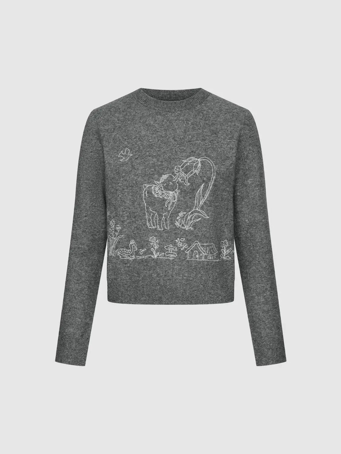 Embroidered Ribbed Knit Crew Neck Long Sleeve Sweater