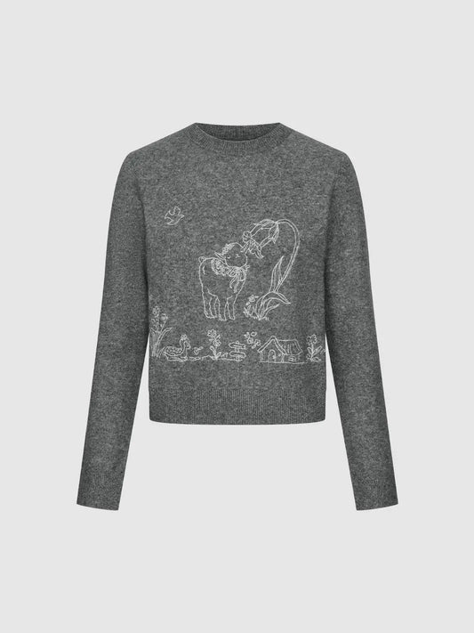 Embroidered Ribbed Knit Crew Neck Long Sleeve Sweater