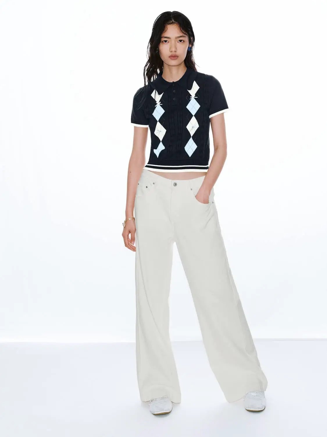 Argyle Diamond Pattern Cotton Polo Neck Knitted T-Shirt