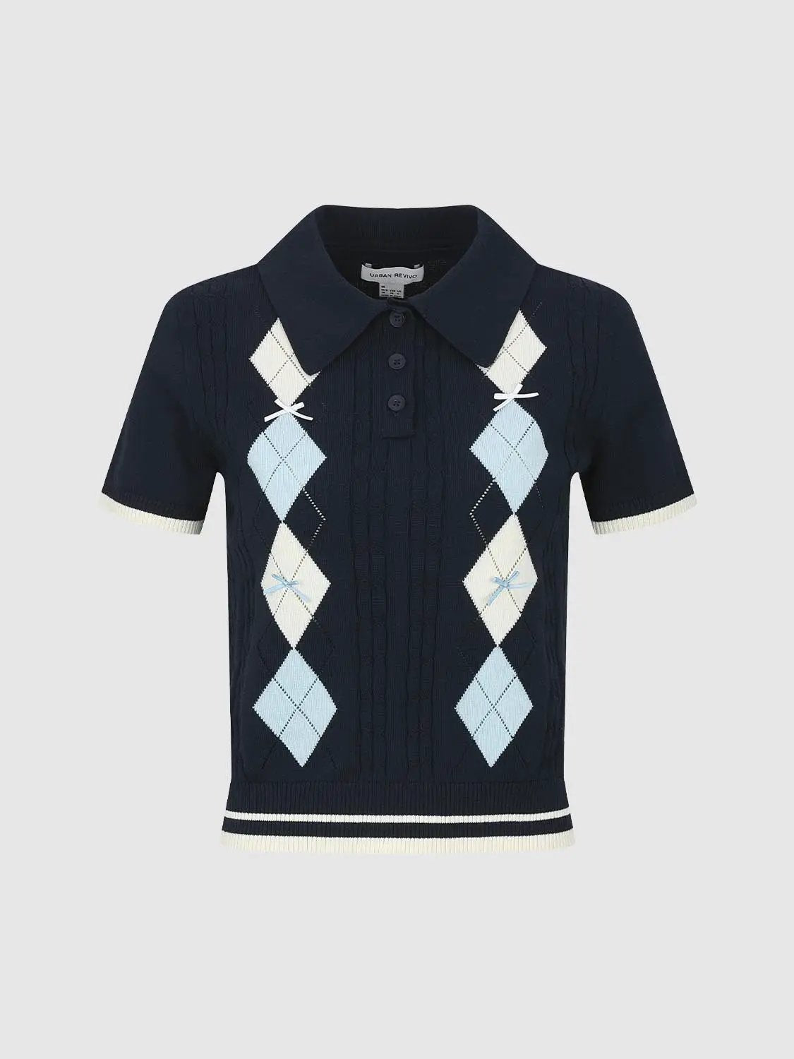 Argyle Diamond Pattern Cotton Polo Neck Knitted T-Shirt