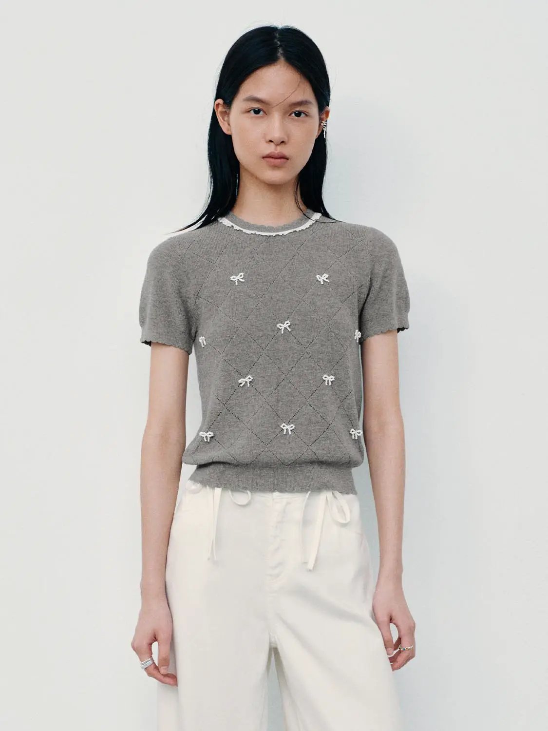 Diamond Grid Openwork Cotton Short Sleeve Knit Top
