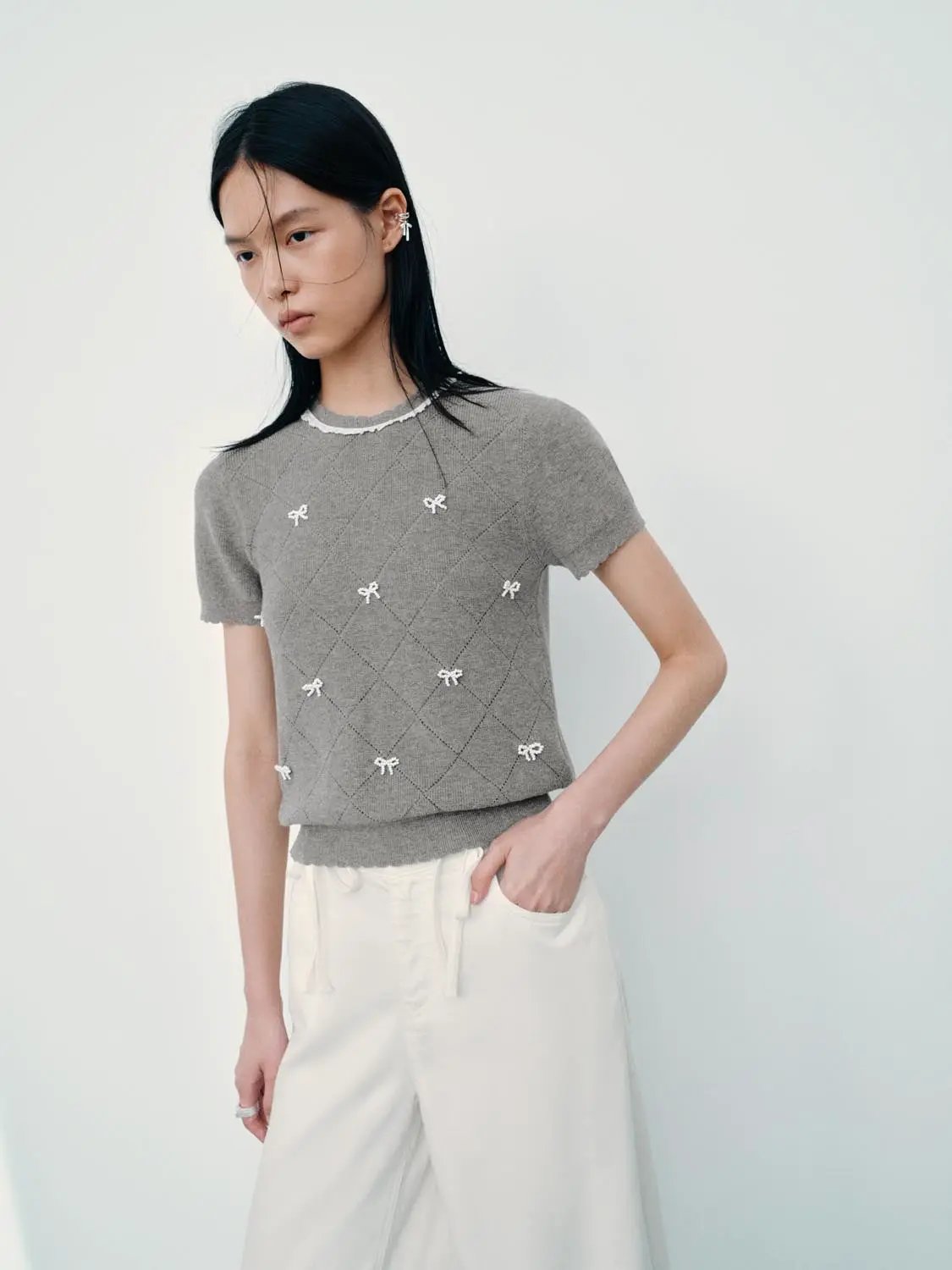 Diamond Grid Openwork Cotton Short Sleeve Knit Top
