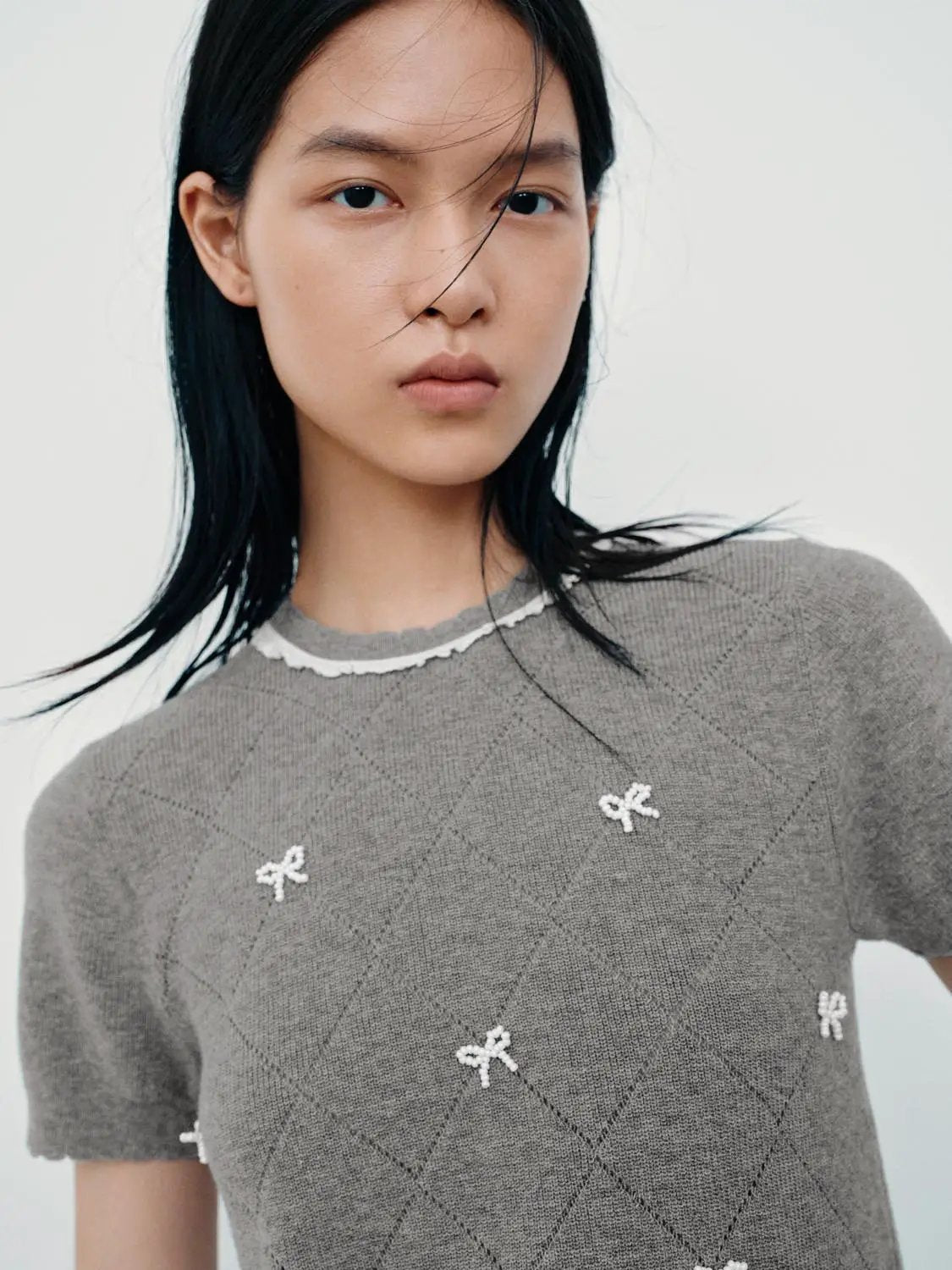 Diamond Grid Openwork Cotton Short Sleeve Knit Top
