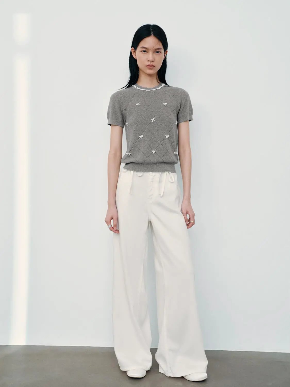 Diamond Grid Openwork Cotton Short Sleeve Knit Top