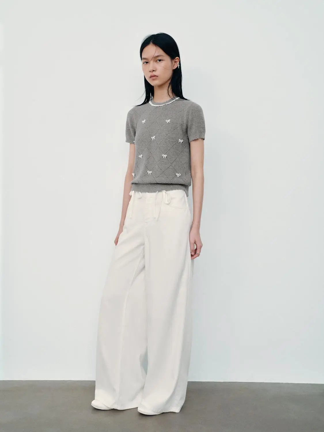 Diamond Grid Openwork Cotton Short Sleeve Knit Top