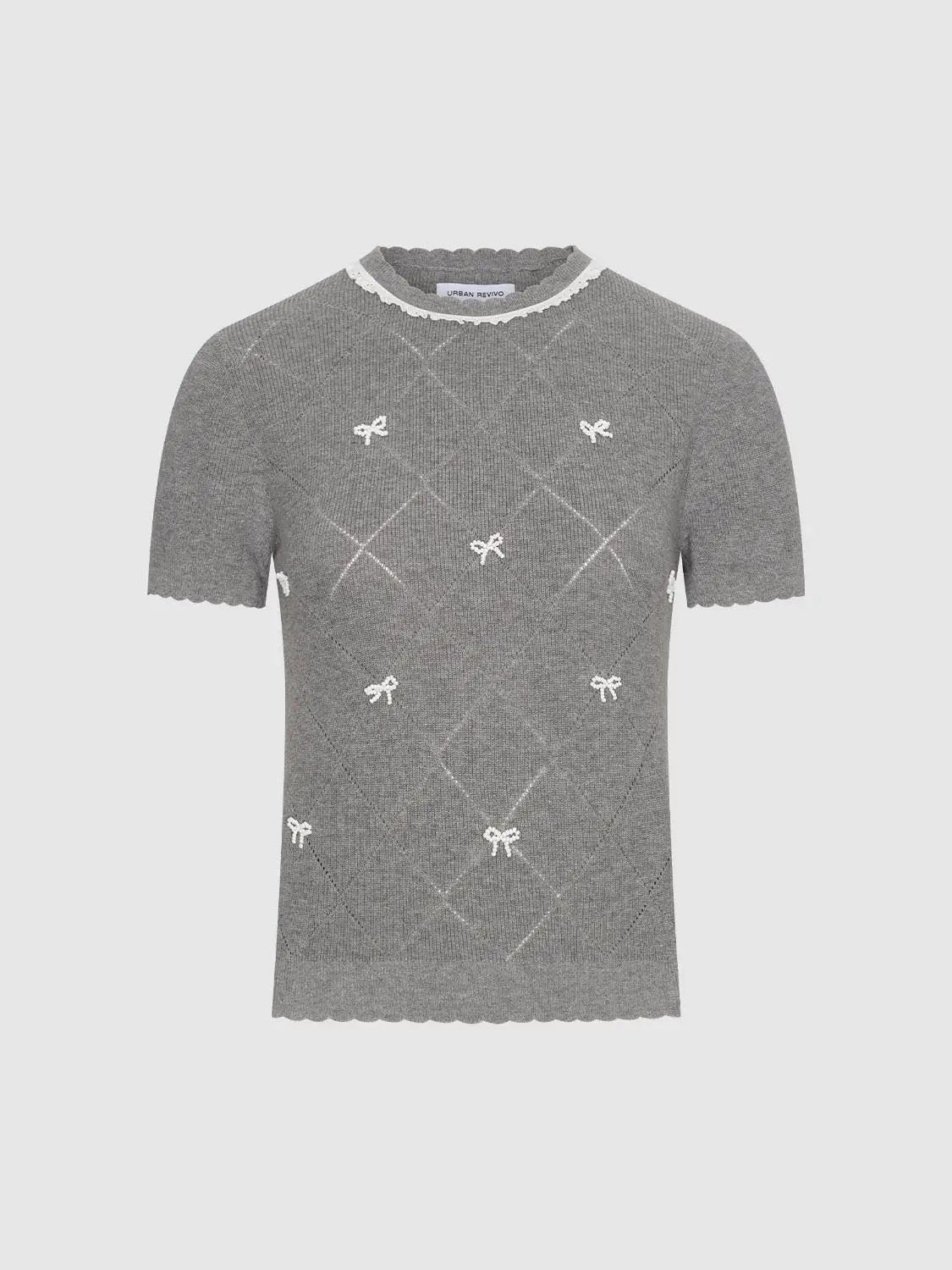 Diamond Grid Openwork Cotton Short Sleeve Knit Top