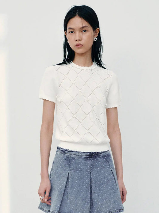 Diamond Grid Openwork Cotton Short Sleeve Knit Top
