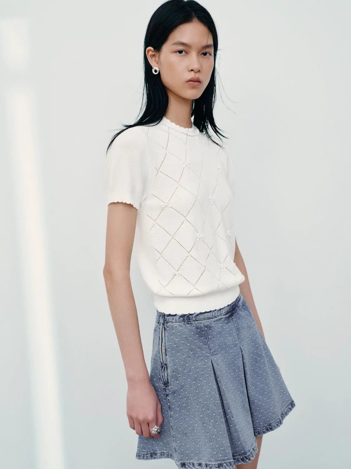 Diamond Grid Openwork Cotton Short Sleeve Knit Top