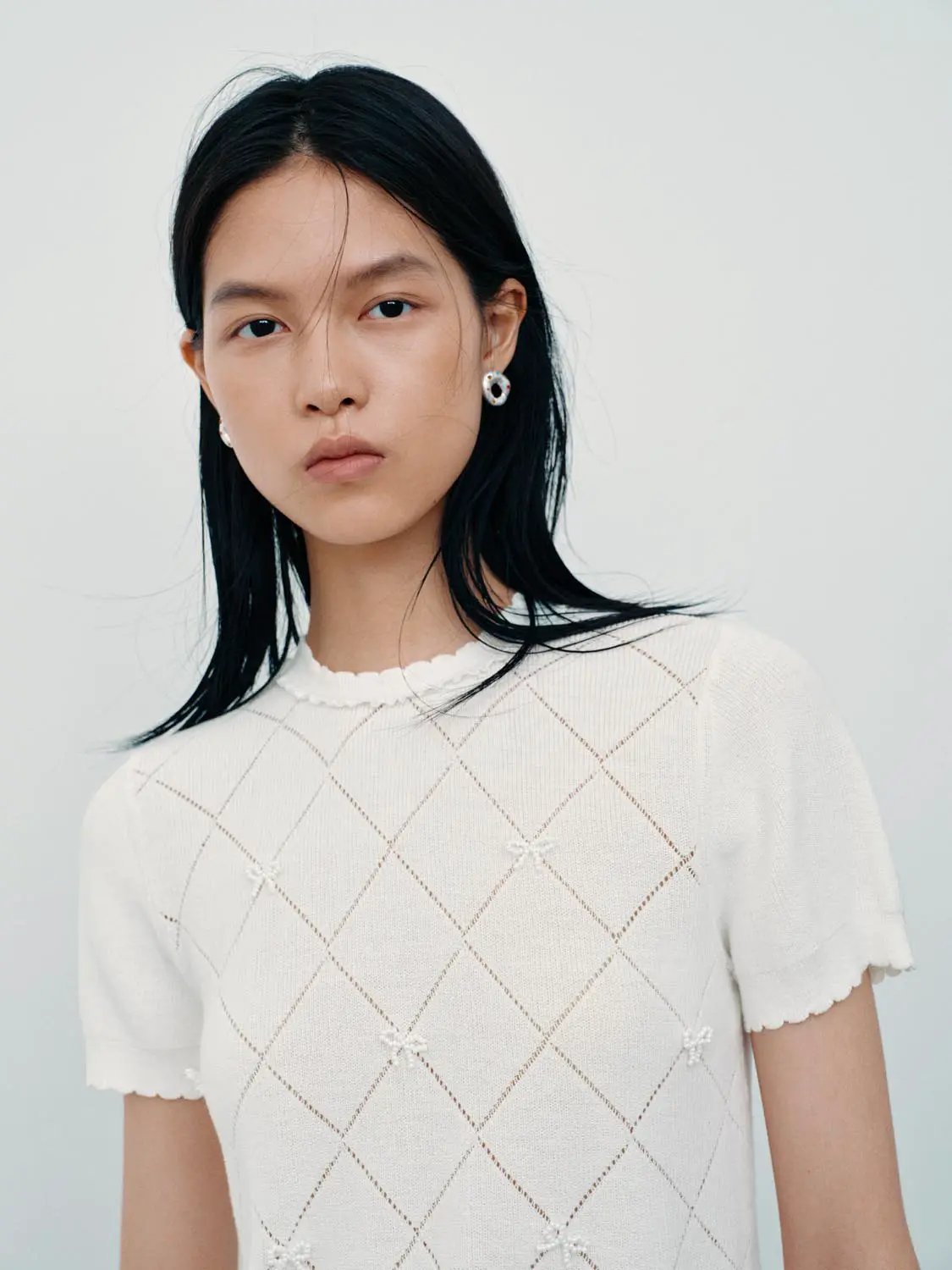 Diamond Grid Openwork Cotton Short Sleeve Knit Top
