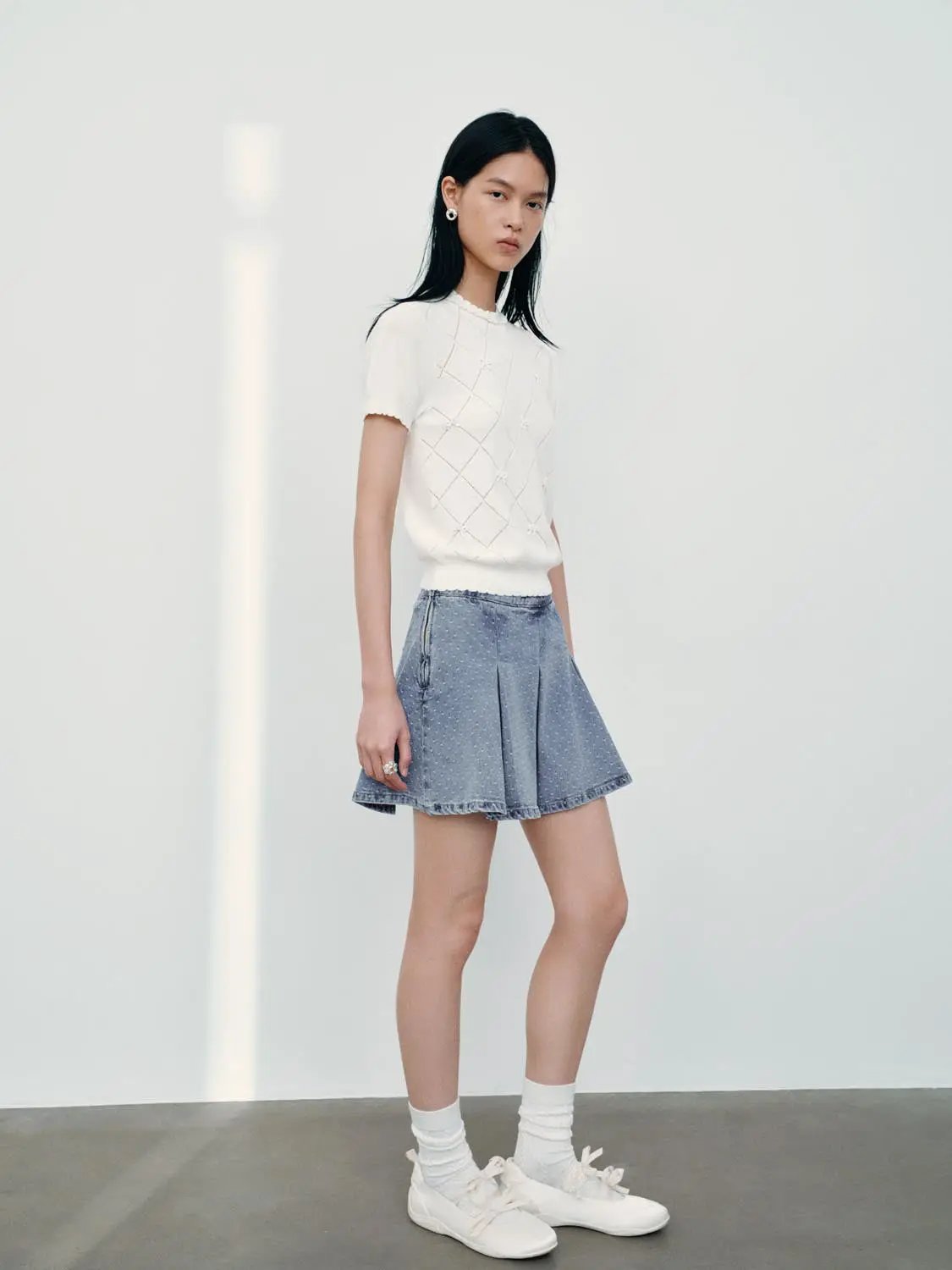 Diamond Grid Openwork Cotton Short Sleeve Knit Top