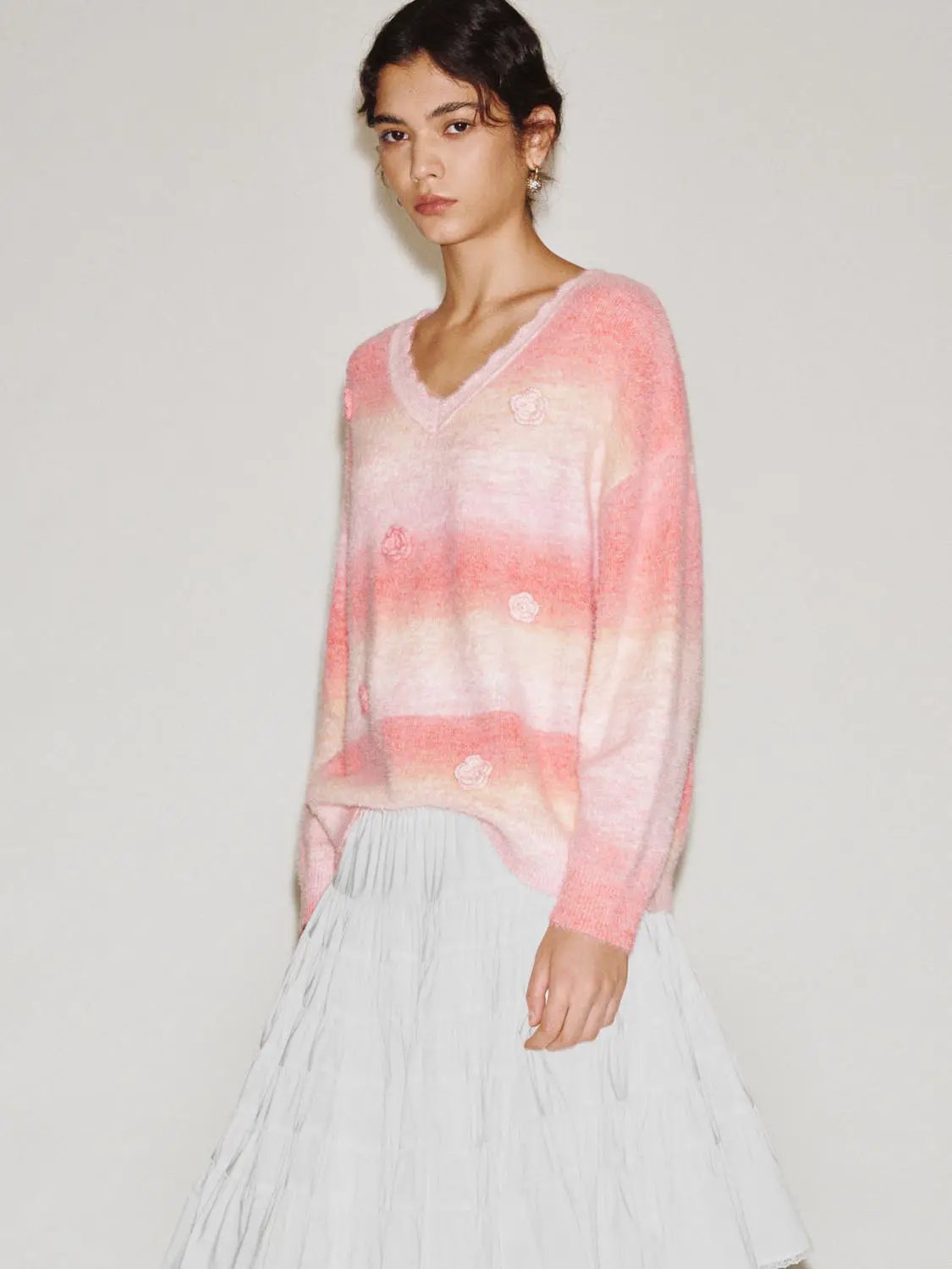 Floral Gradient V-Neck Long Sleeve Sweater