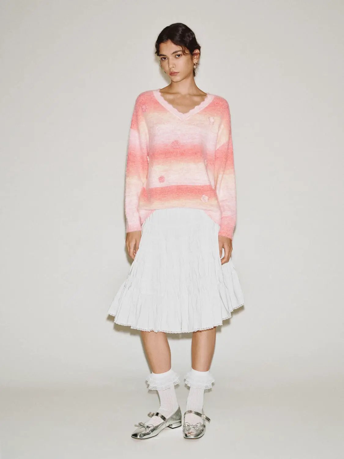 Floral Gradient V-Neck Long Sleeve Sweater