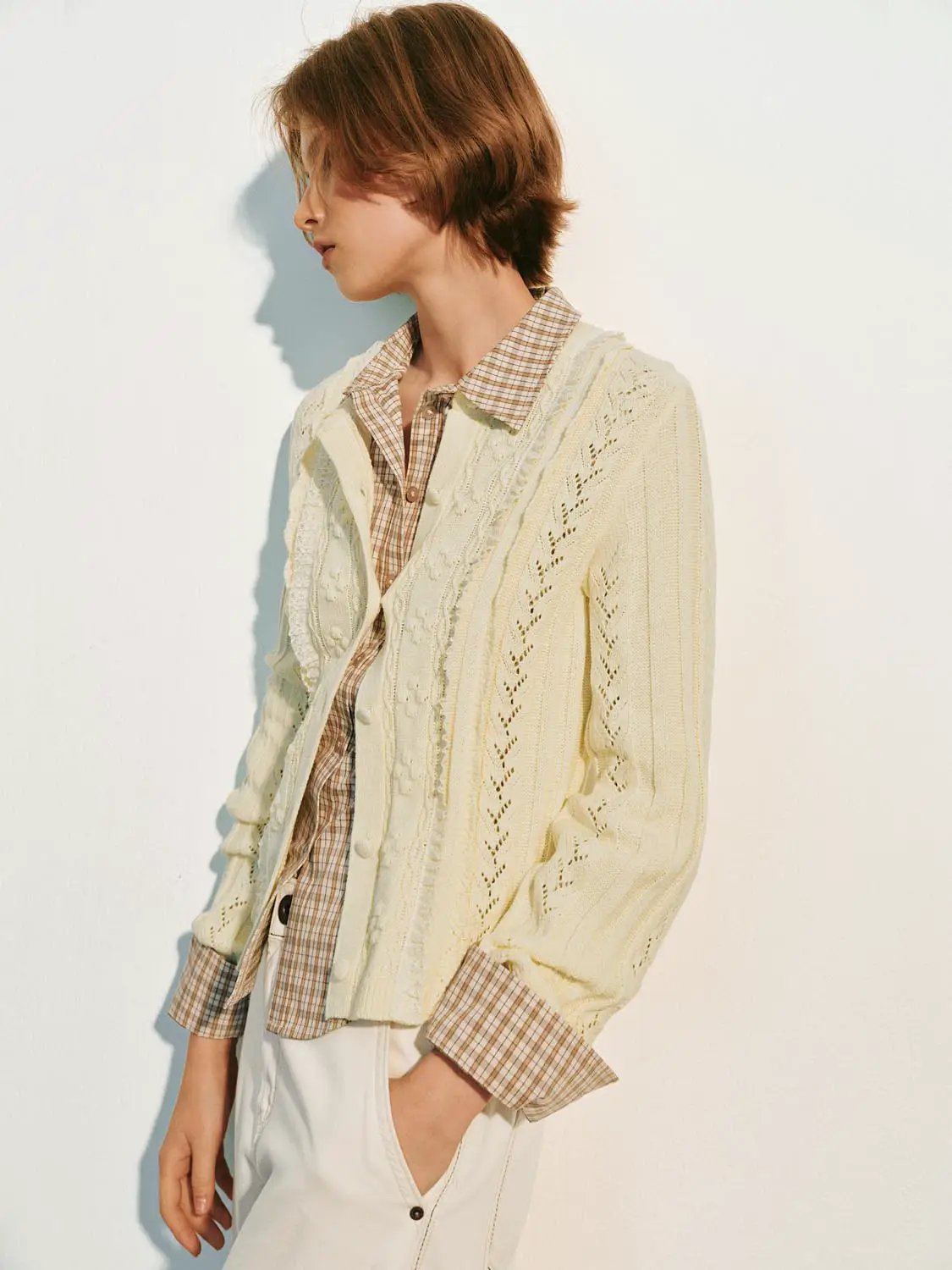 Textured Long Sleeve Cotton Blend Cardigan
