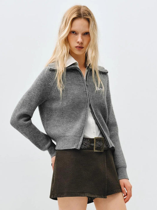 Collar Zip Front Ribbed Long Sleeve Knit Jacket