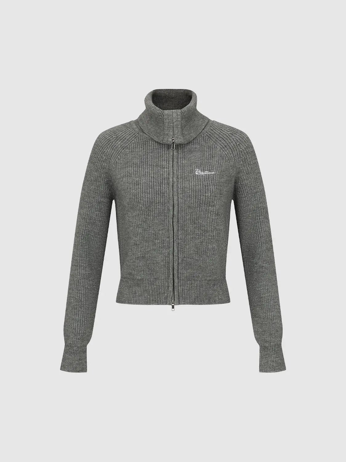 Collar Zip Front Ribbed Long Sleeve Knit Jacket