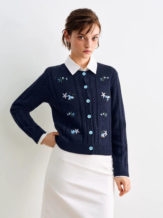 Cable Knit Floral Embroidery Long Sleeve Cardigan