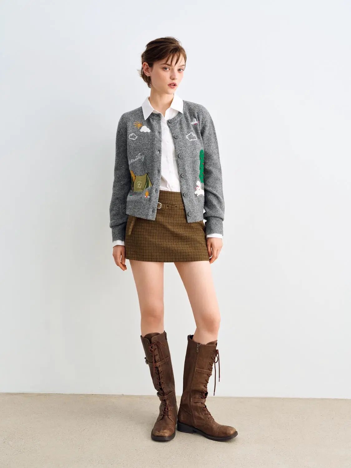 Embroidered Long Sleeve Ribbed Knit Cardigan