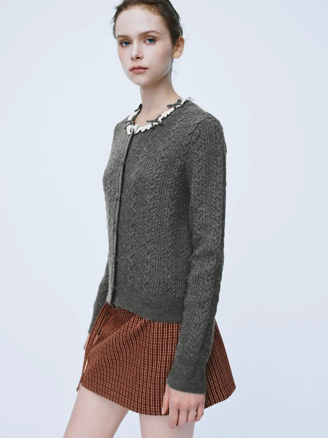 Cable Knit Ruffle Collar Long Sleeve Cardigan
