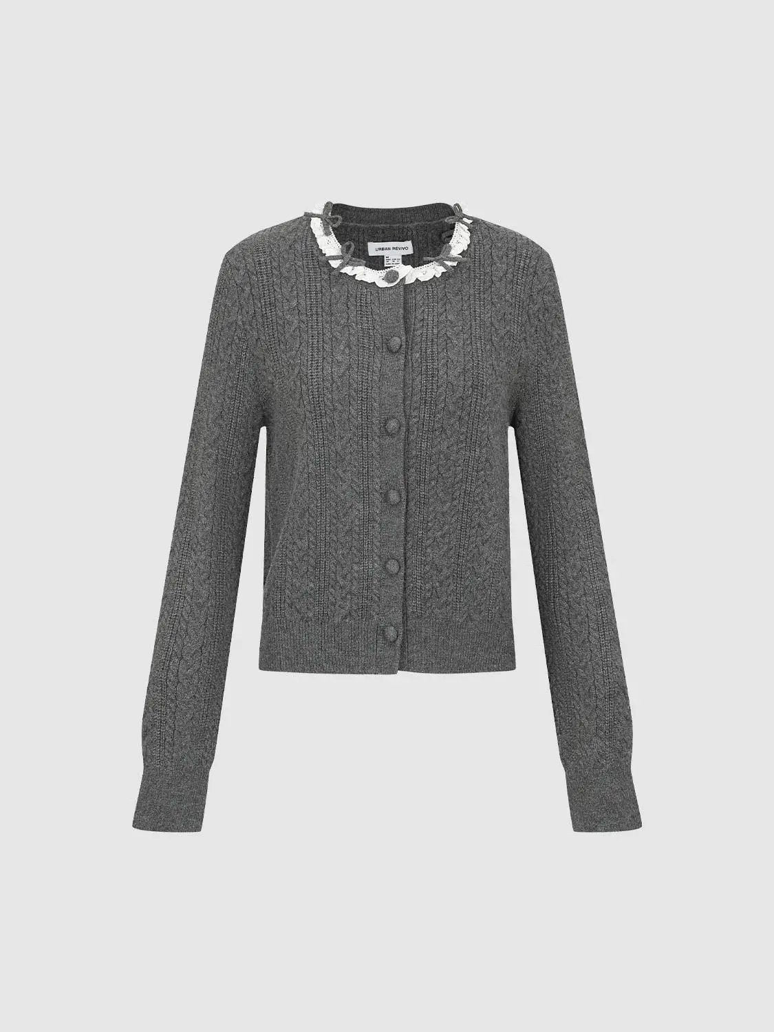 Cable Knit Ruffle Collar Long Sleeve Cardigan