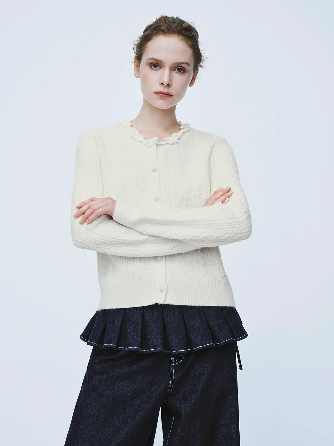 Cable Knit Ruffle Collar Long Sleeve Cardigan