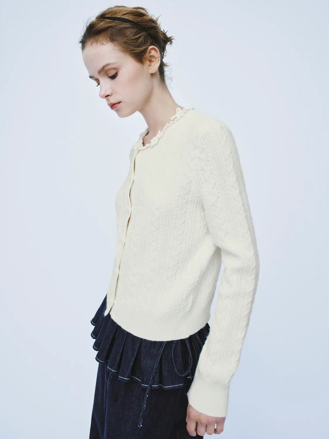 Cable Knit Ruffle Collar Long Sleeve Cardigan