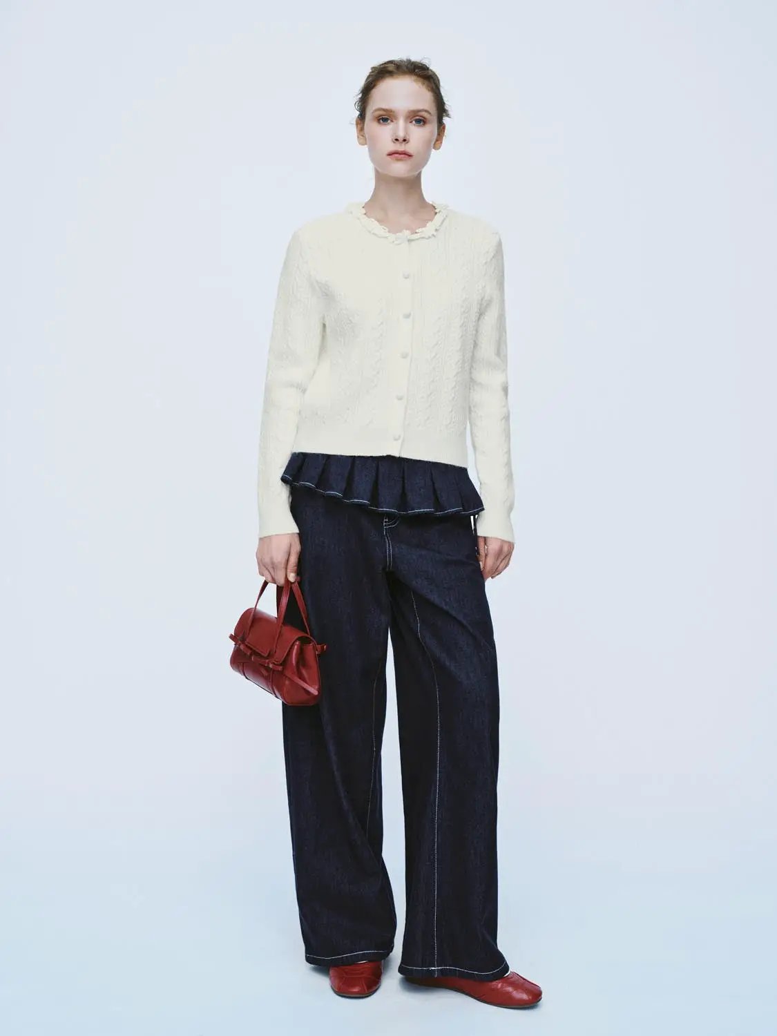 Cable Knit Ruffle Collar Long Sleeve Cardigan