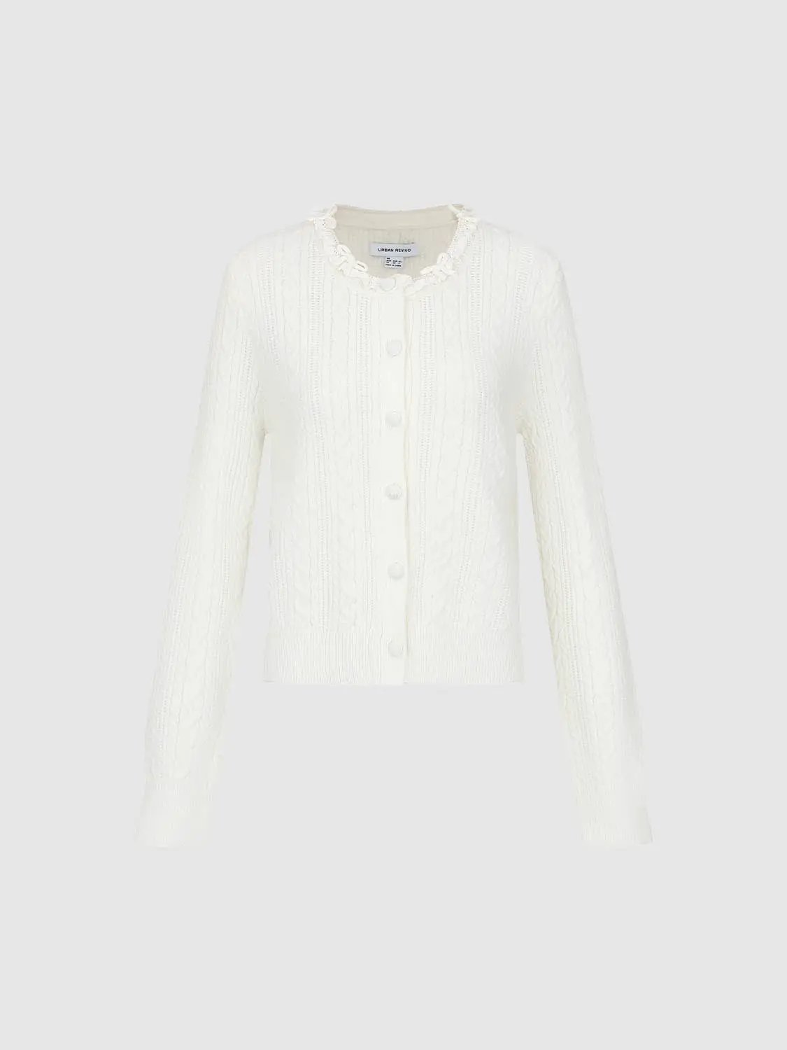 Cable Knit Ruffle Collar Long Sleeve Cardigan