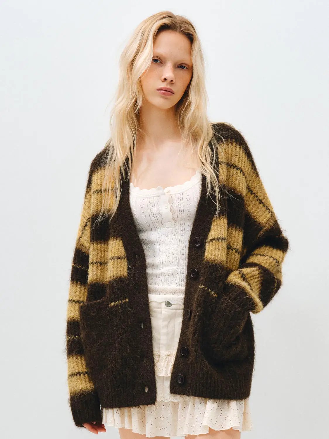 Oversized Long Sleeve Checked Knit Cardigan