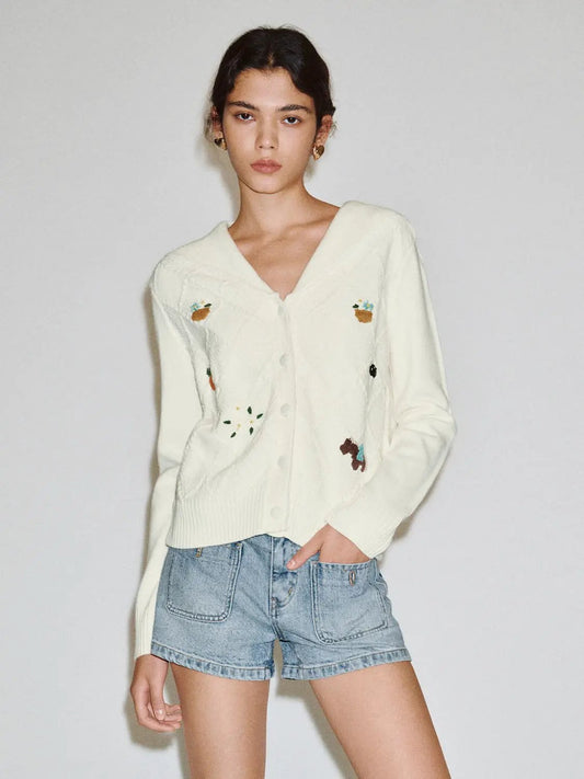 Textured Embroidered V-neck Long Sleeve Knit Cardigan