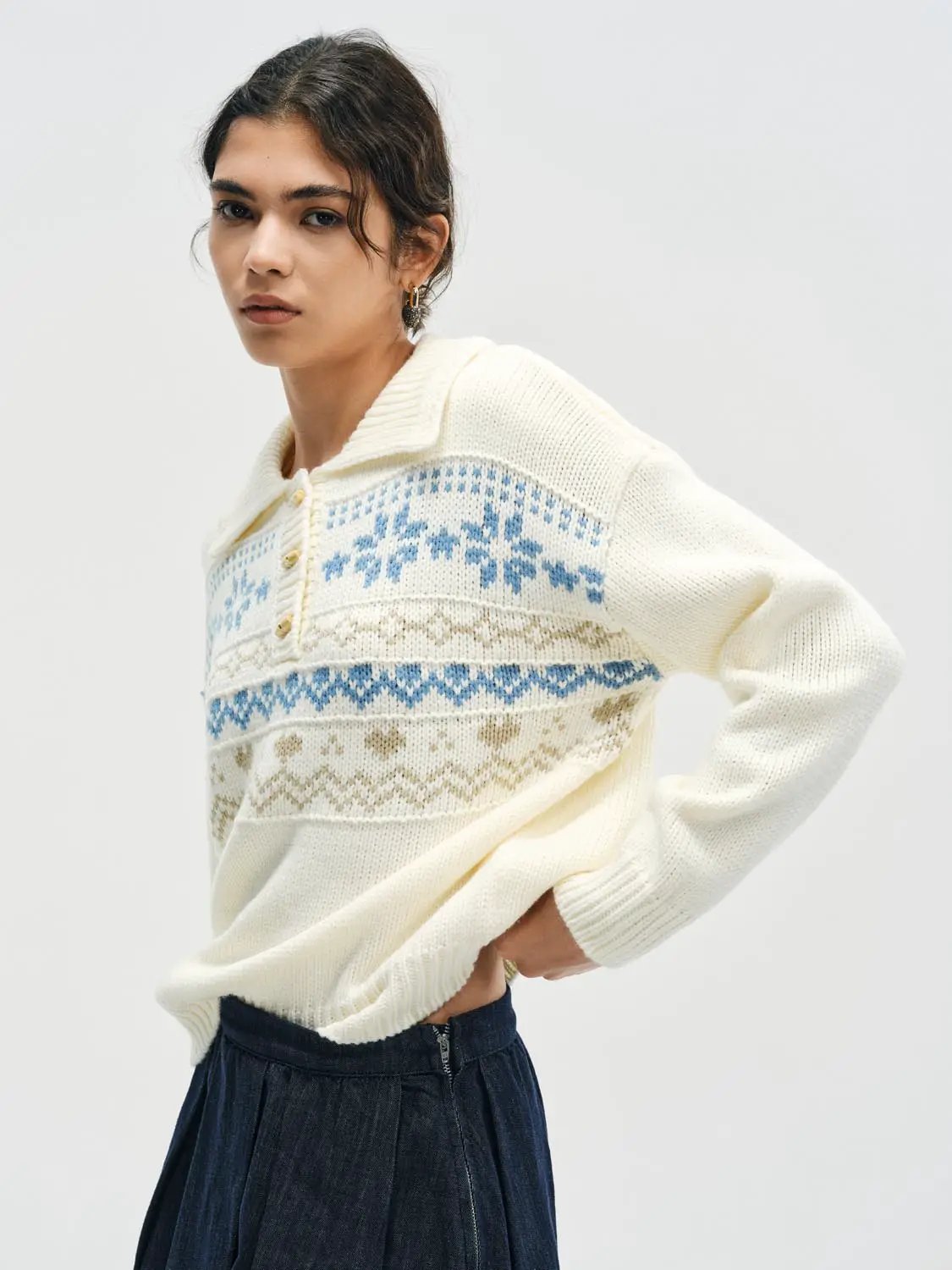 Fair Isle Polo Collar Long Sleeve Knit Sweater