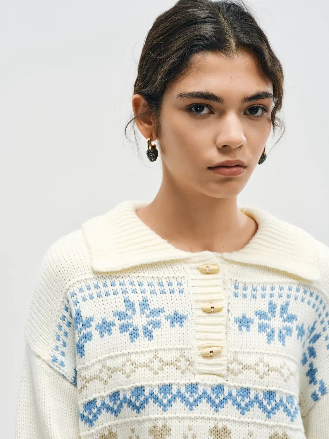 Fair Isle Polo Collar Long Sleeve Knit Sweater