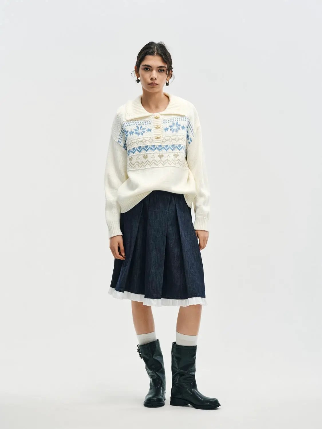 Fair Isle Polo Collar Long Sleeve Knit Sweater