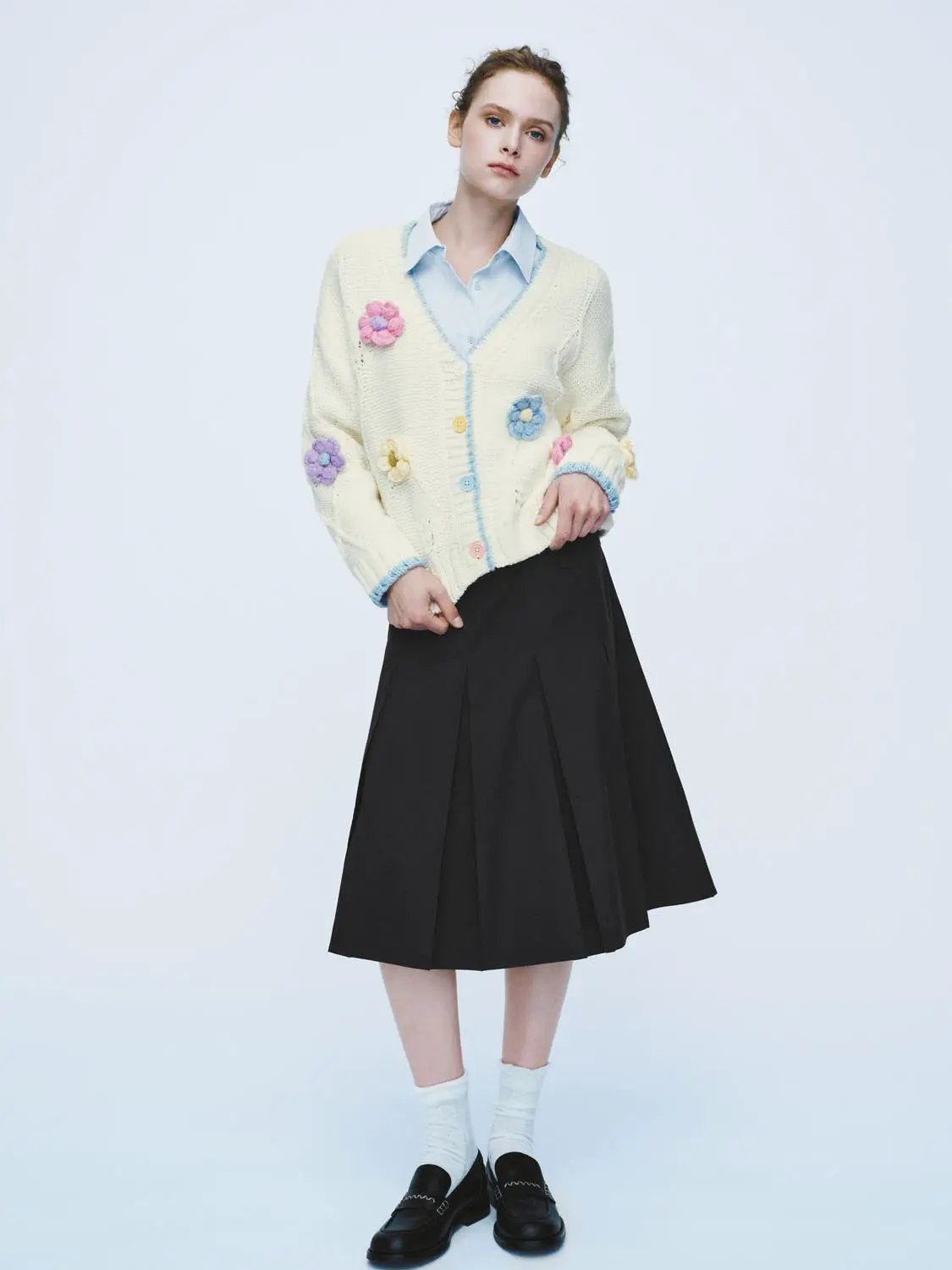 Colorful Floral Ribbed V-Neck Long Sleeve Cardigan