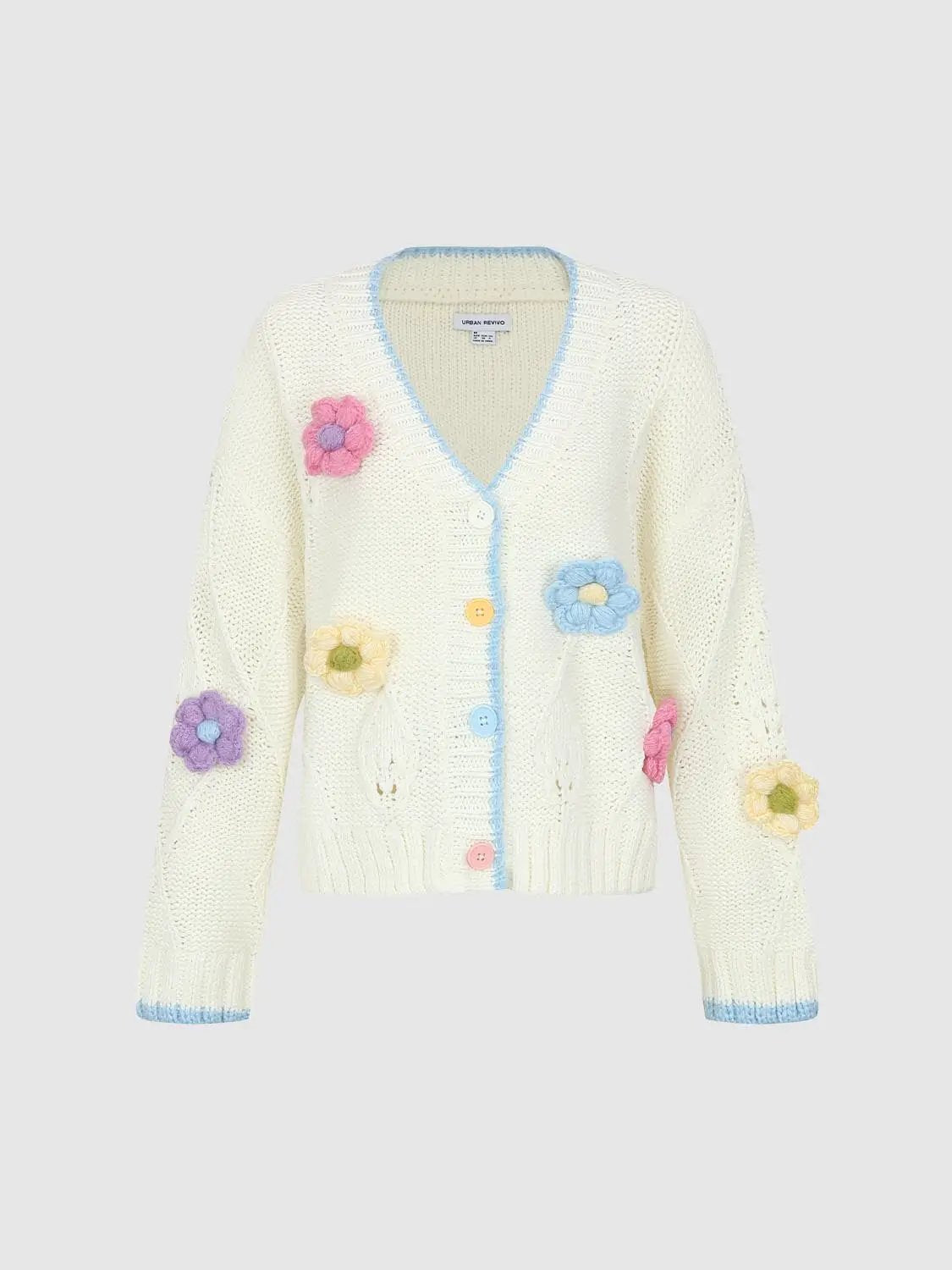 Colorful Floral Ribbed V-Neck Long Sleeve Cardigan