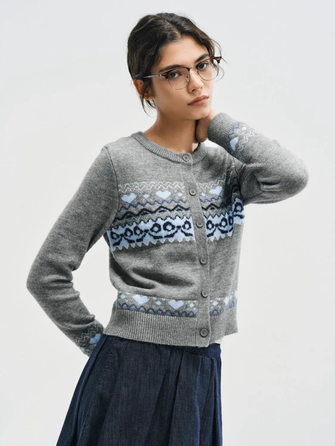 Fair Isle Heart Pattern Crew Neck Long Sleeve Cardigan