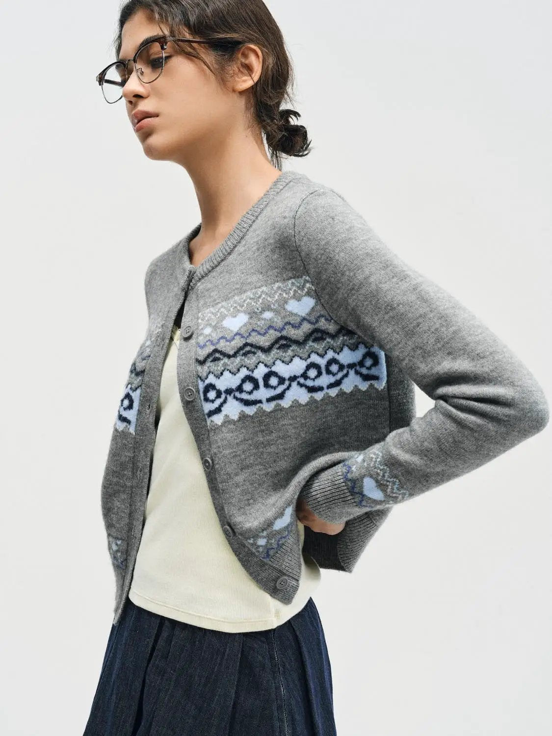 Fair Isle Heart Pattern Crew Neck Long Sleeve Cardigan