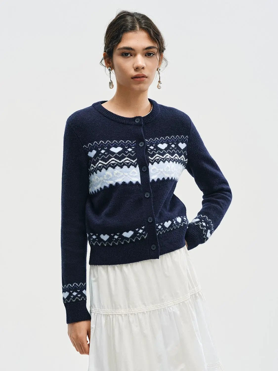 Fair Isle Heart Pattern Crew Neck Long Sleeve Cardigan