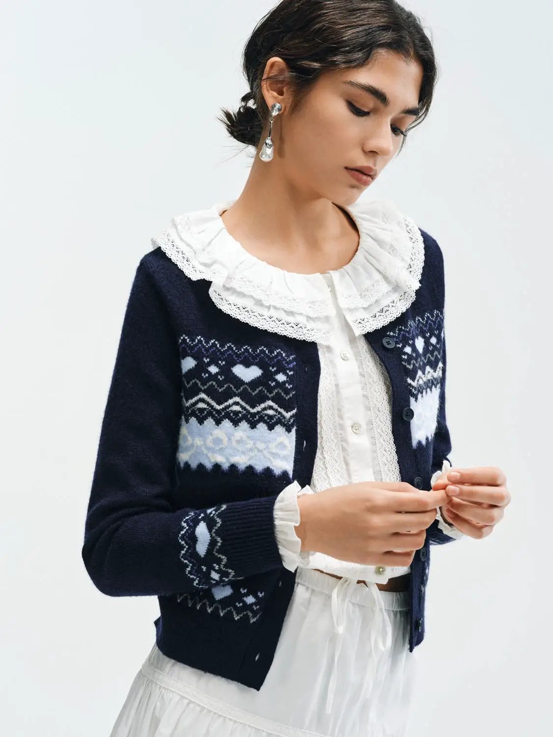 Fair Isle Heart Pattern Crew Neck Long Sleeve Cardigan