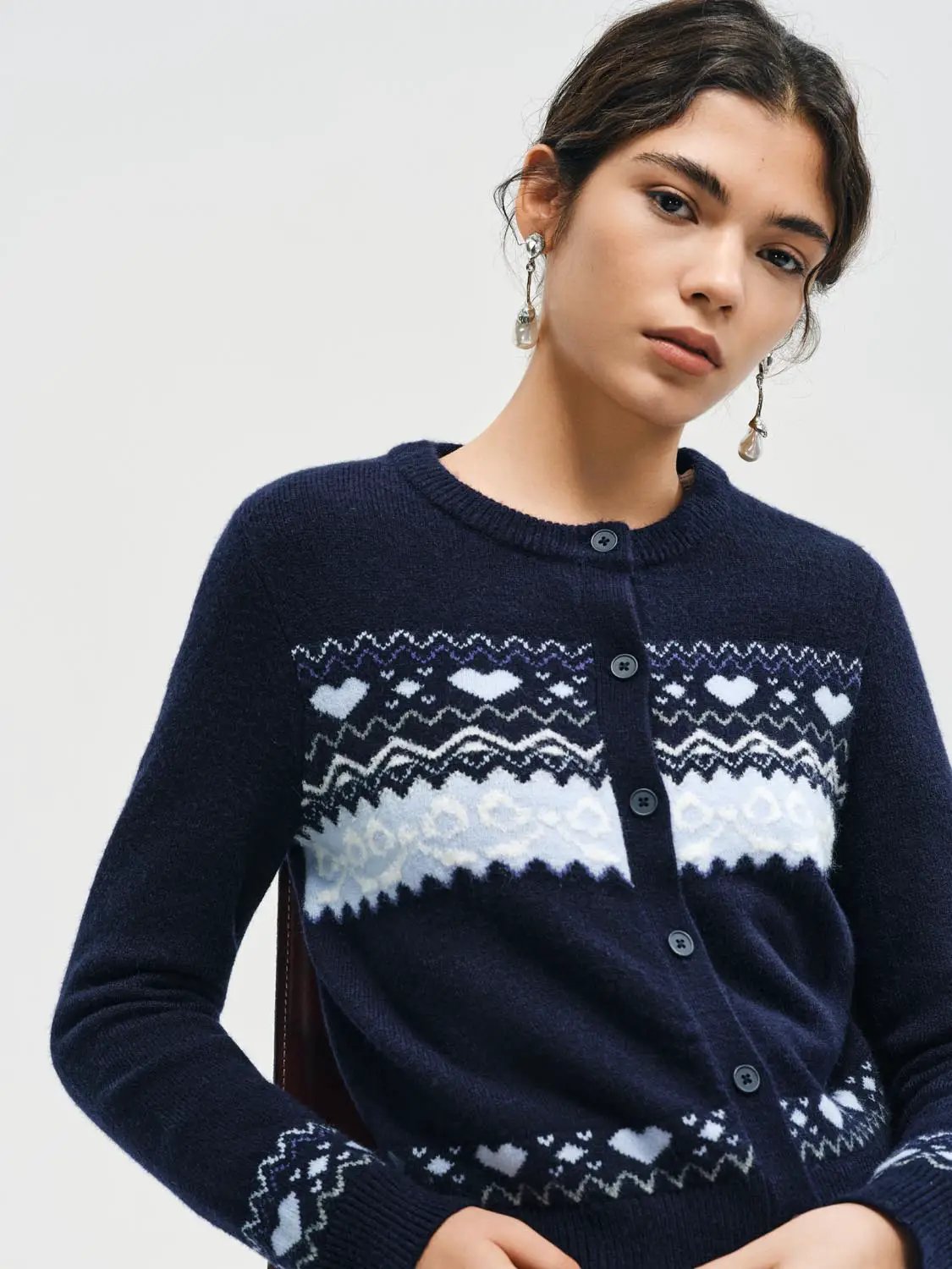 Fair Isle Heart Pattern Crew Neck Long Sleeve Cardigan